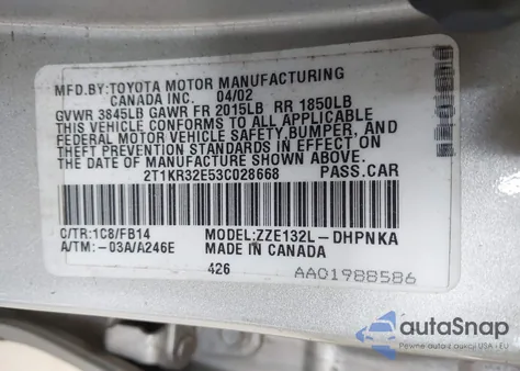 2003 Toyota Corolla Matrix Xr z USA, uszkodzony, nr VIN 2T1KR32E53C028668